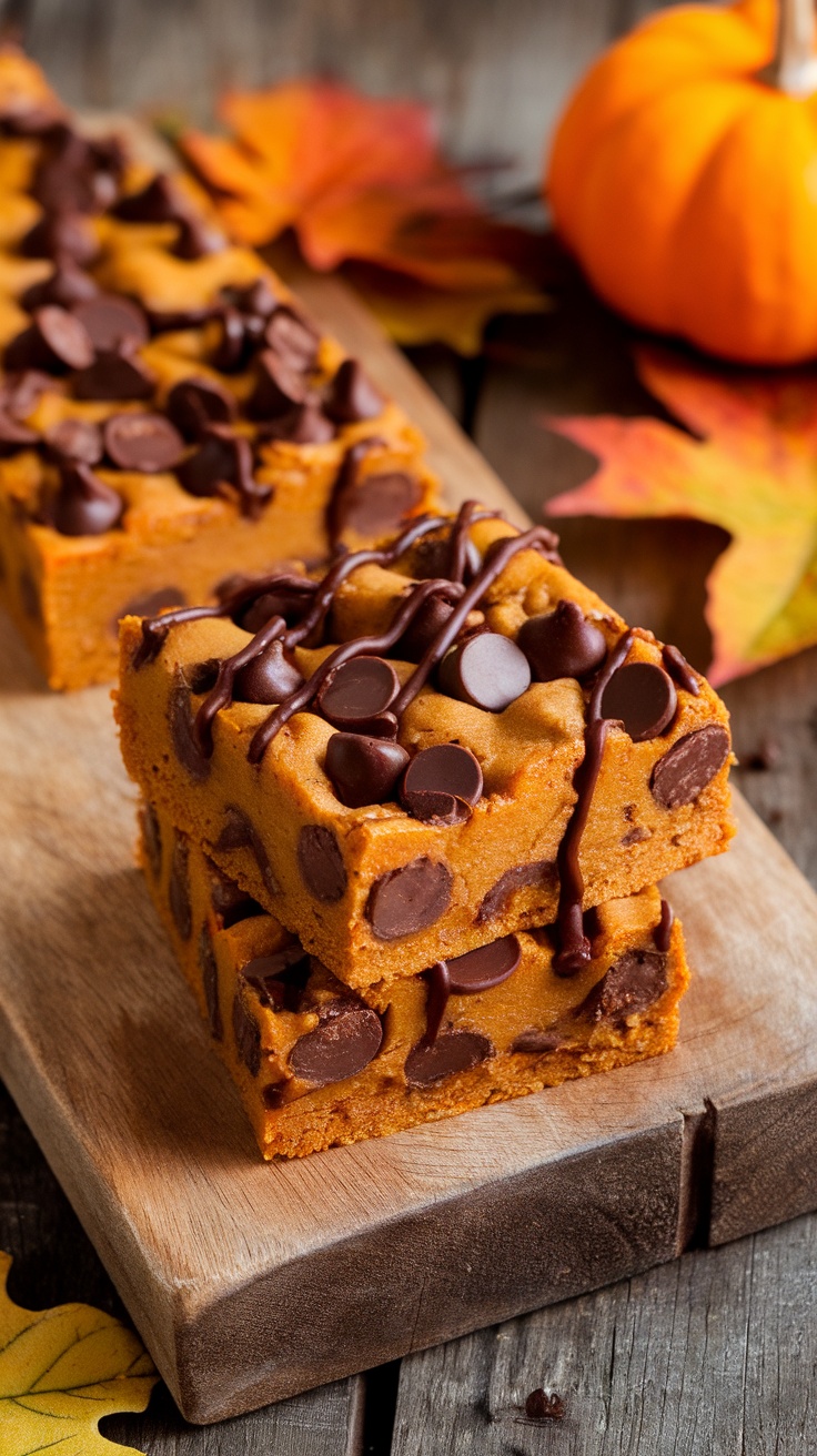 Delicious Pumpkin Chocolate Chip Bars on a wooden board, decorated with autumn leaves and a small pumpkin.